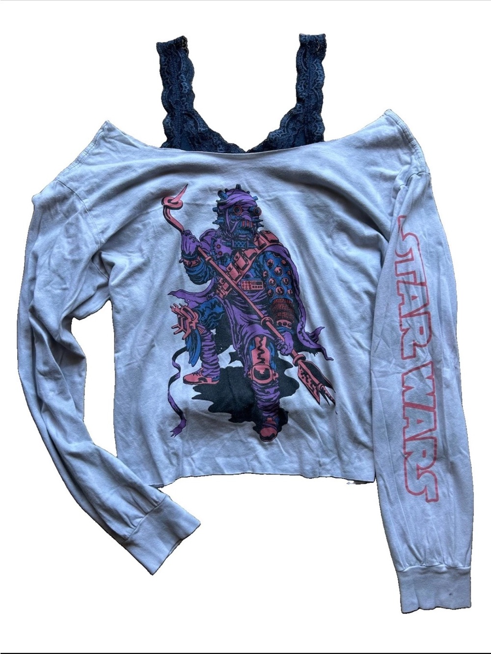 Y2K Indie Sleaze Star Wars Off The Shoulder Long Sleeve Tee Oversized 90s Sci Fi - Picture 2 of 8